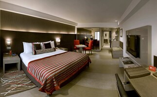 Una camera d'albergo con un letto grande, una scrivania, una TV e un'area ristoro.