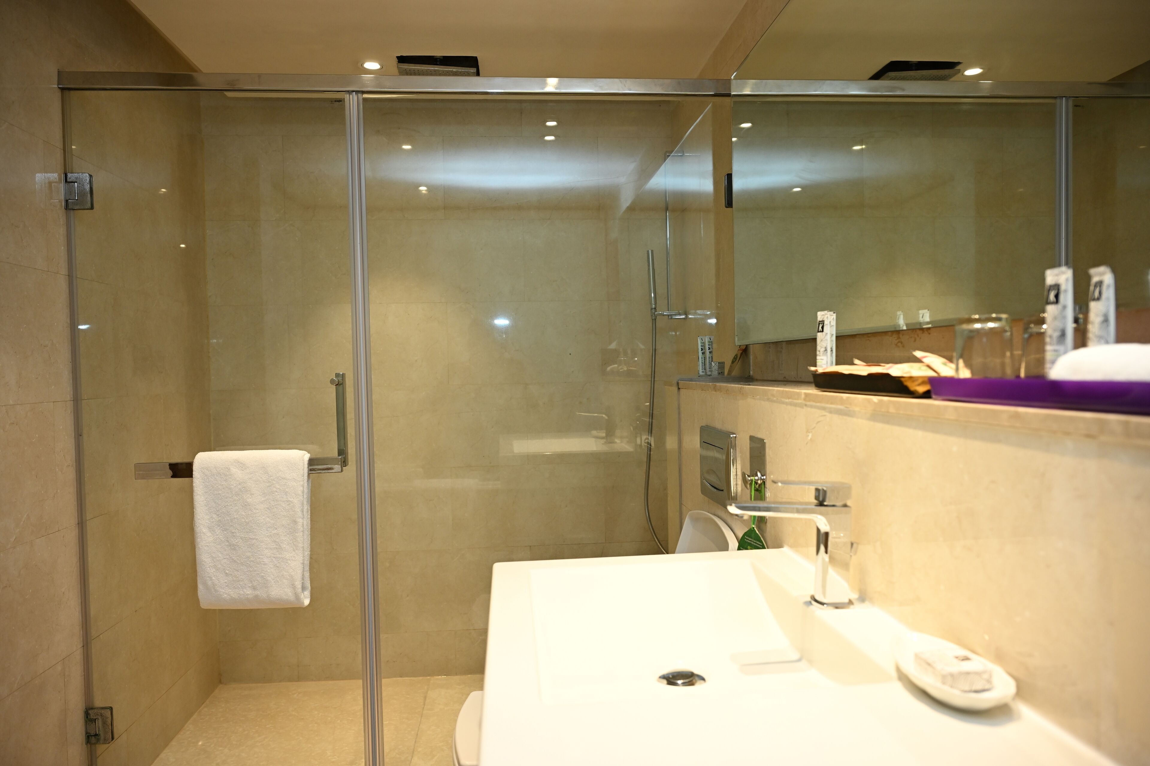 A modern bathroom with a glass-enclosed shower, a white sink, and a mirror above the sink.