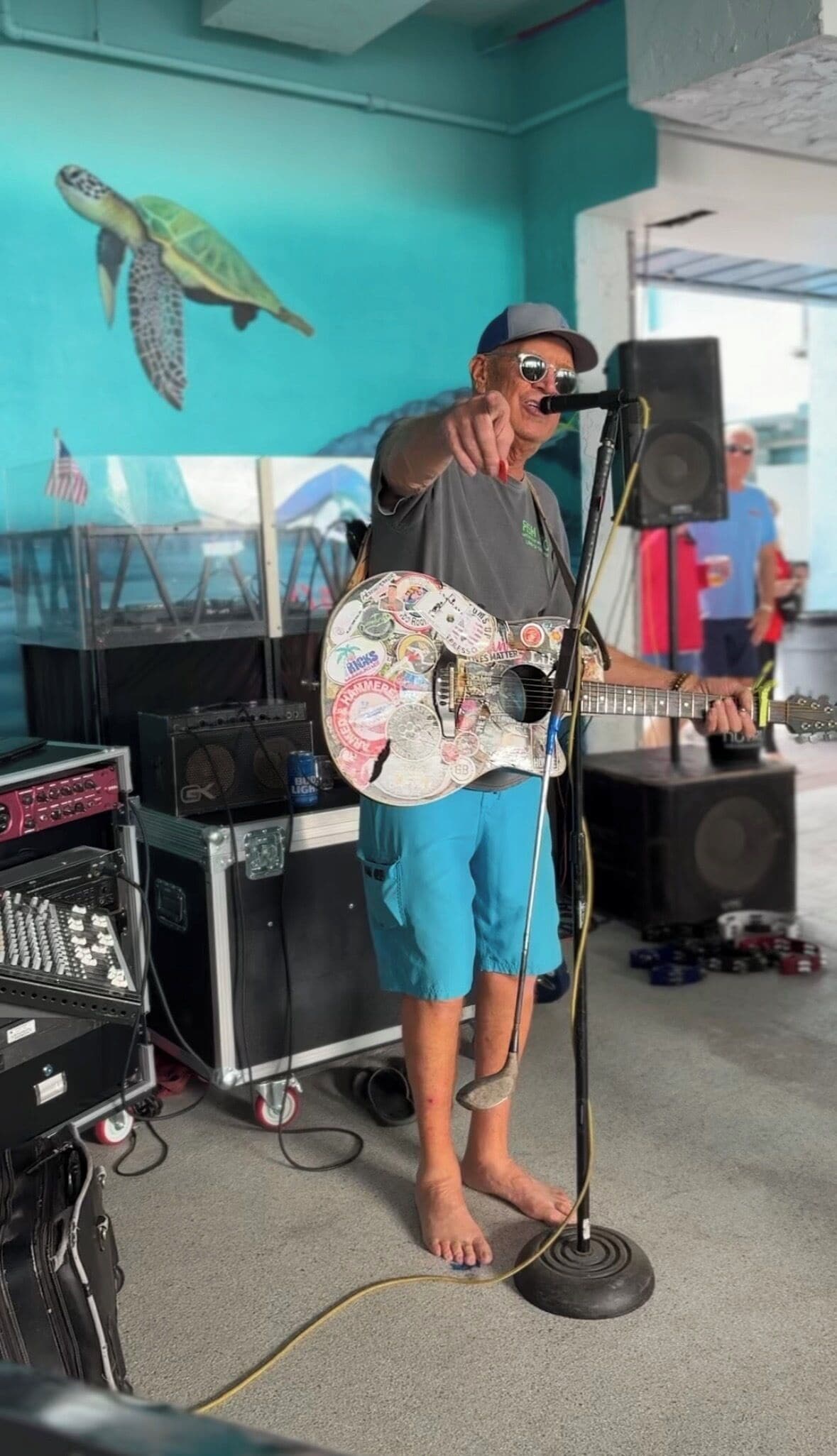 A person playing a guitar with a microphone stand in a room with sound equipment and a turtle mural on the wall.