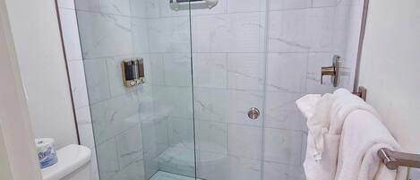 A modern bathroom with a glass-enclosed shower, a toilet, and a towel rack.