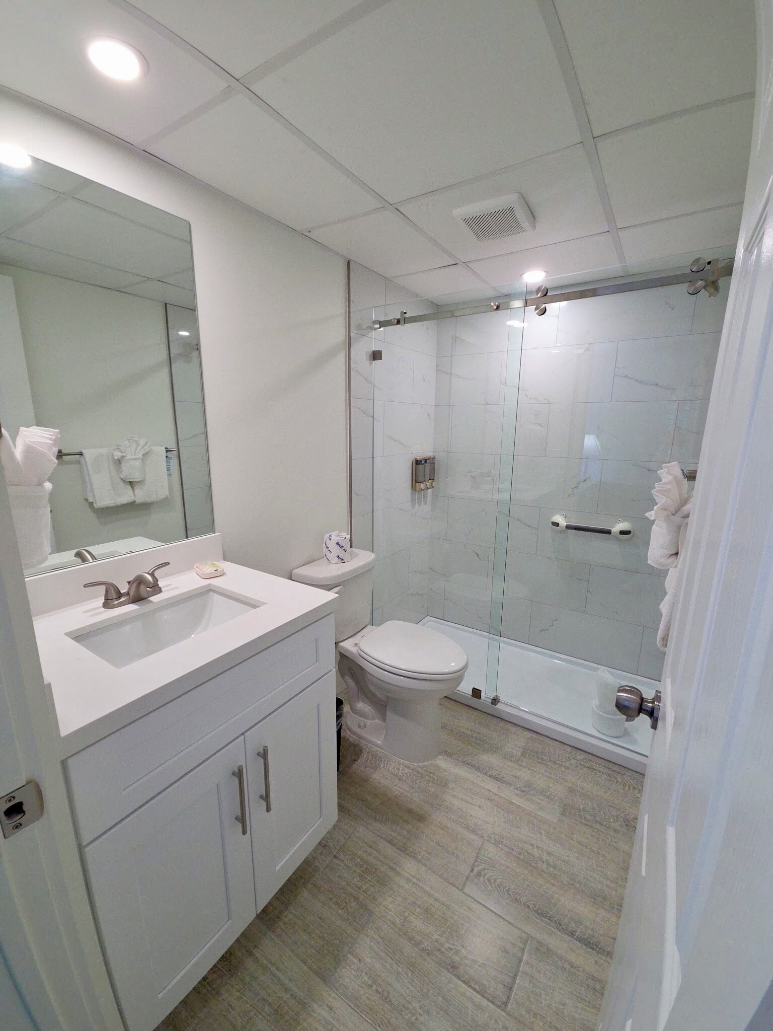A modern bathroom with a glass-enclosed shower, a white sink, and a toilet.