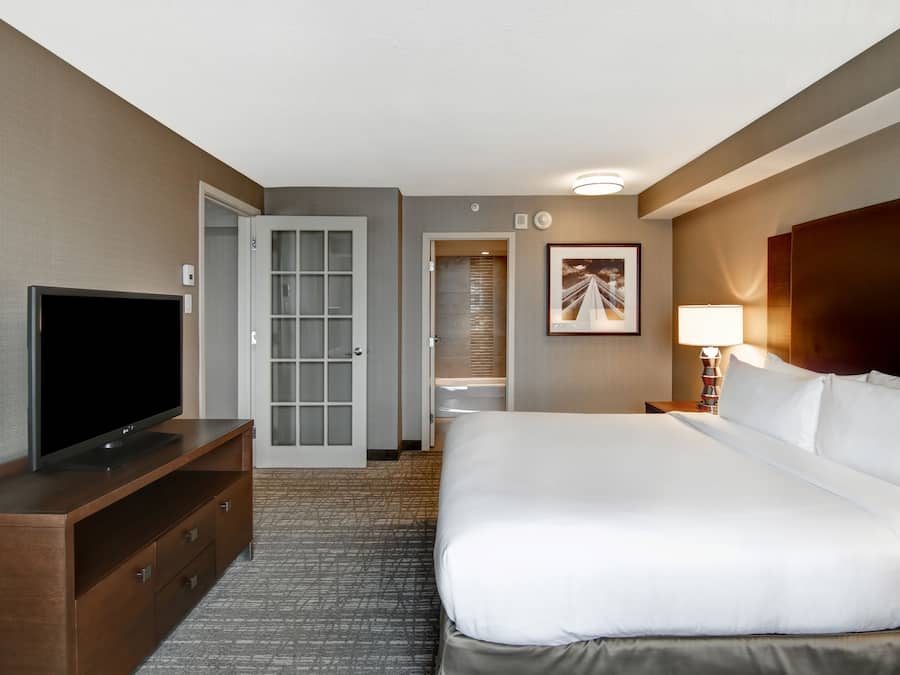 Habitación de hotel con una cama grande, un televisor de pantalla plana sobre un aparador de madera, un baño con puerta de cristal y un cuadro enmarcado en la pared.