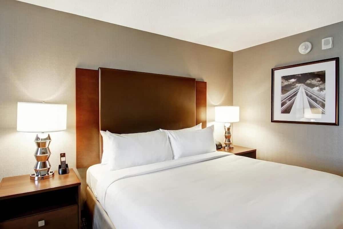 A hotel room with a large bed, two bedside tables, a headboard, and a framed picture on the wall.