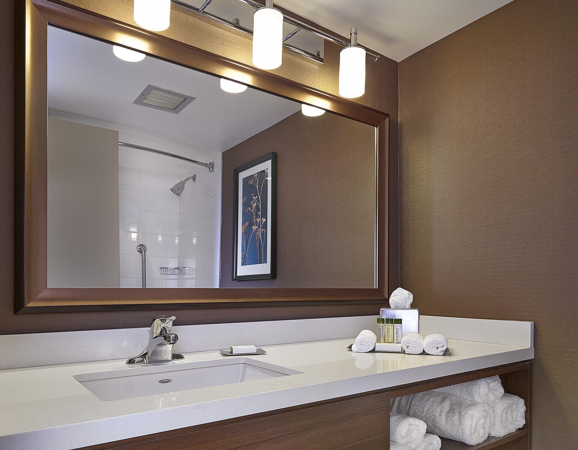 A bathroom with a large mirror, a sink, and a shower.
