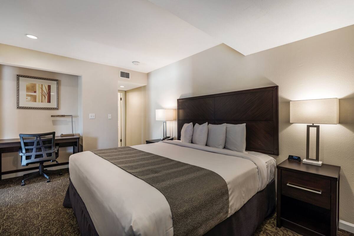 Quarto de hotel com uma cama grande, uma mesa e uma cadeira.