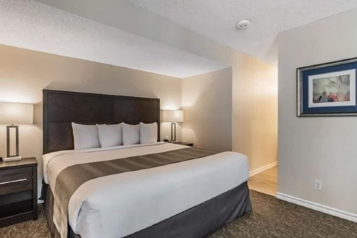 Premium bedding, pillow-top beds, desk, laptop workspace
