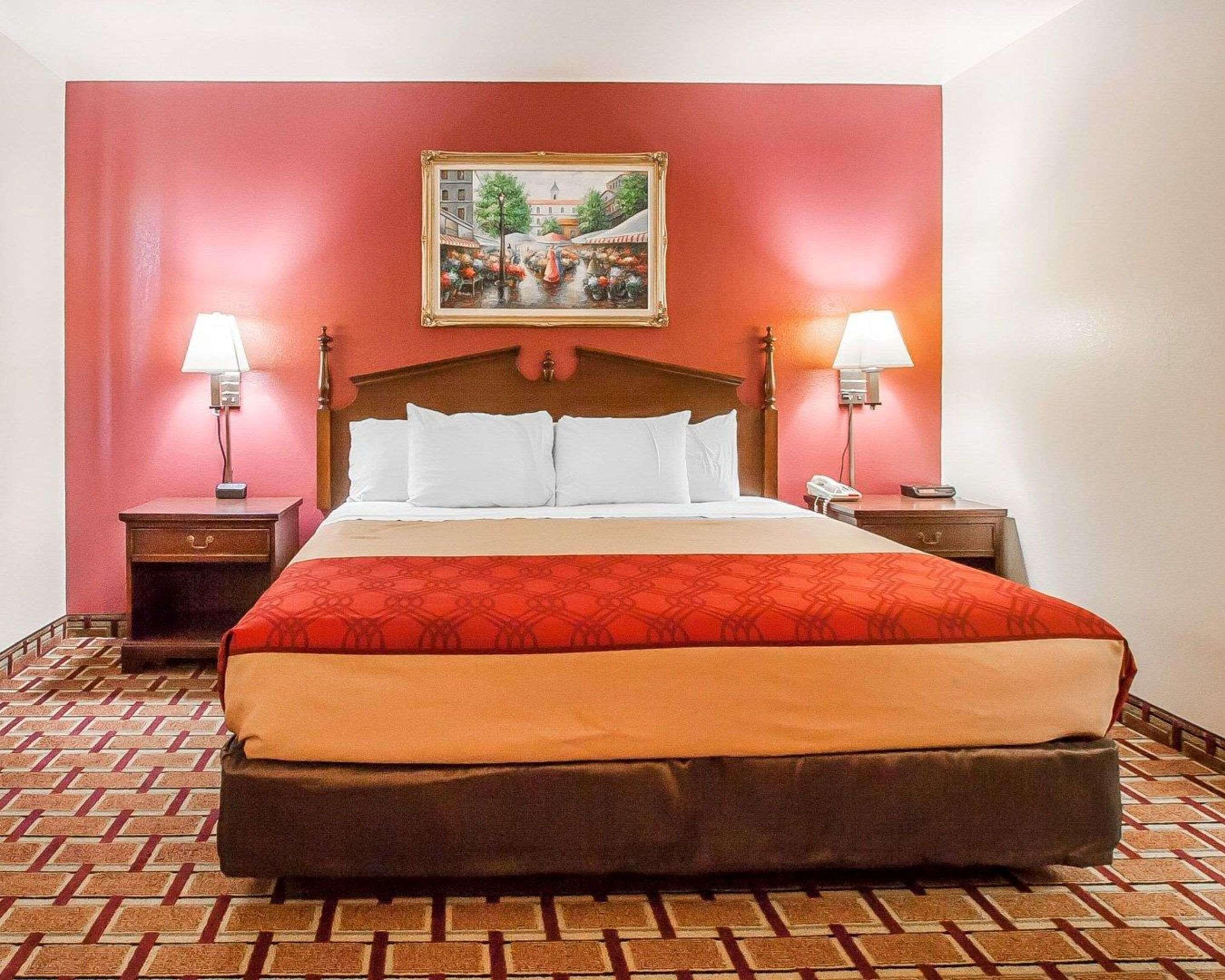Une chambre d’hôtel avec un grand lit, deux tables de chevet, un tableau au mur et un sol à motifs.
