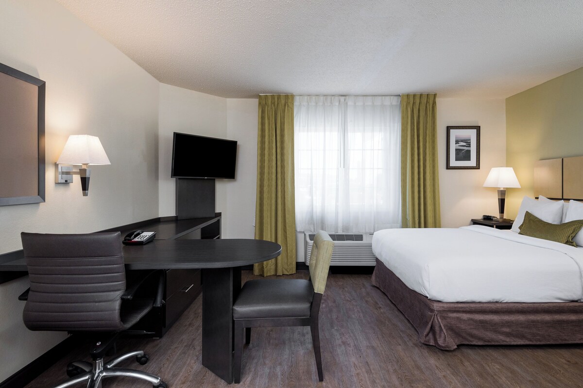A hotel room with a bed, desk, chair, TV, and a window with curtains.