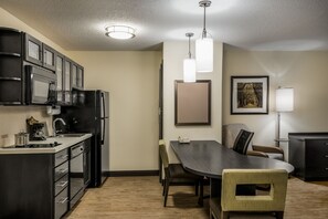 Desk, laptop workspace, blackout curtains, iron/ironing board