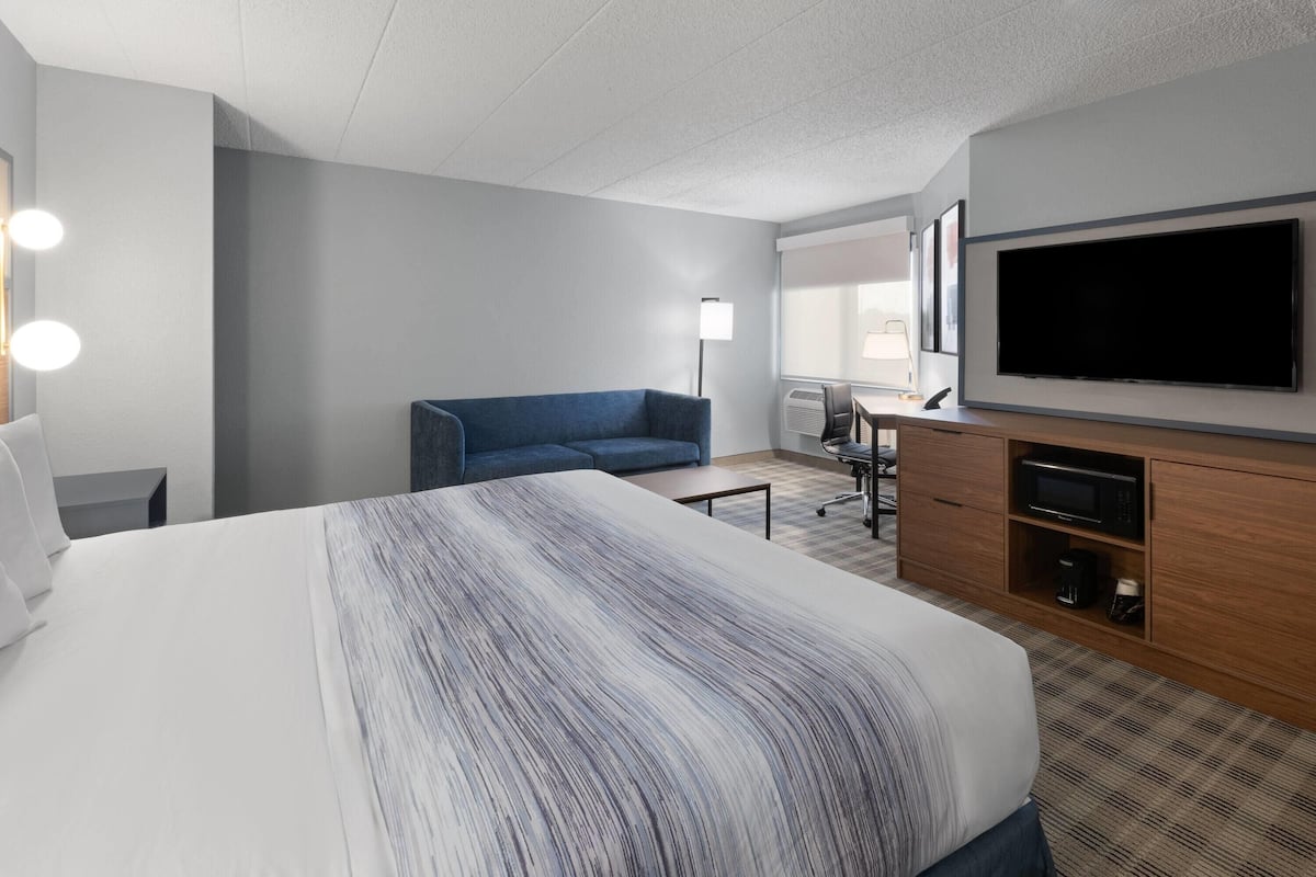 A hotel room with a large bed, a blue sofa, a desk with a chair, a flat-screen TV, and a minibar.