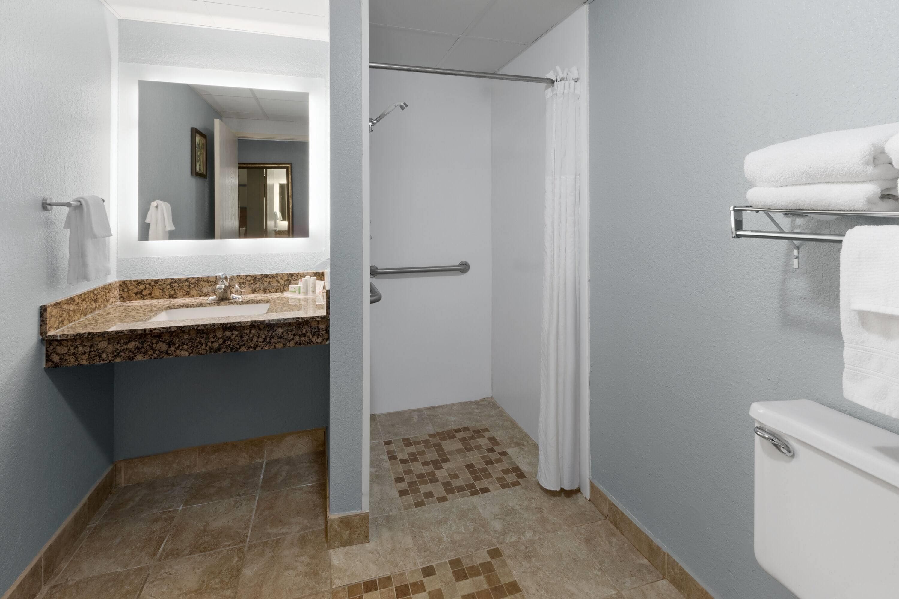 Een badkamer met een douche, wastafel en toilet.