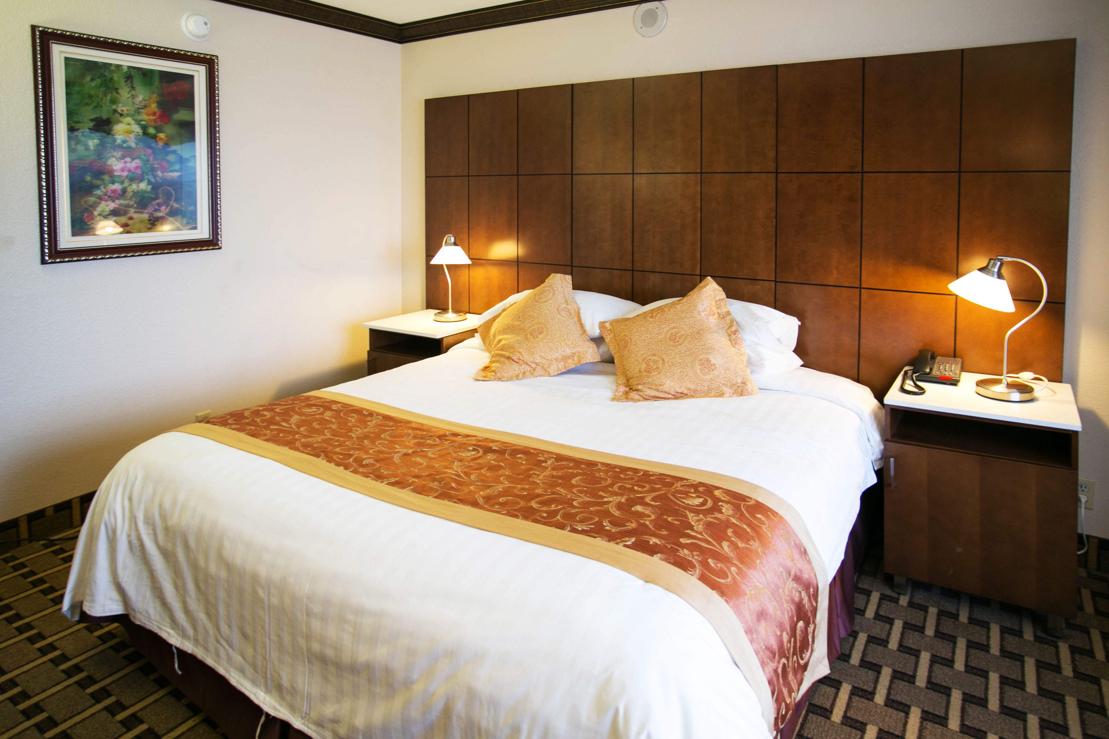 Une chambre d’hôtel avec un grand lit, deux tables de chevet avec des lampes, une tête de lit et un tableau au mur.