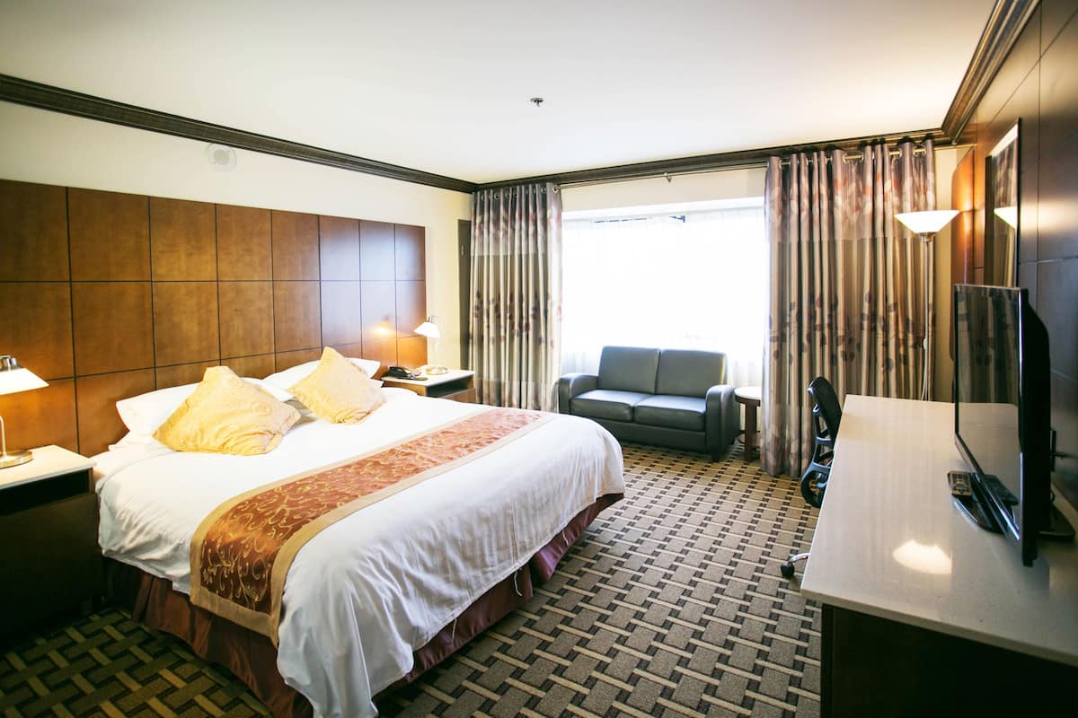 A hotel room with a large bed, a desk, a chair, a TV, and a window with curtains.
