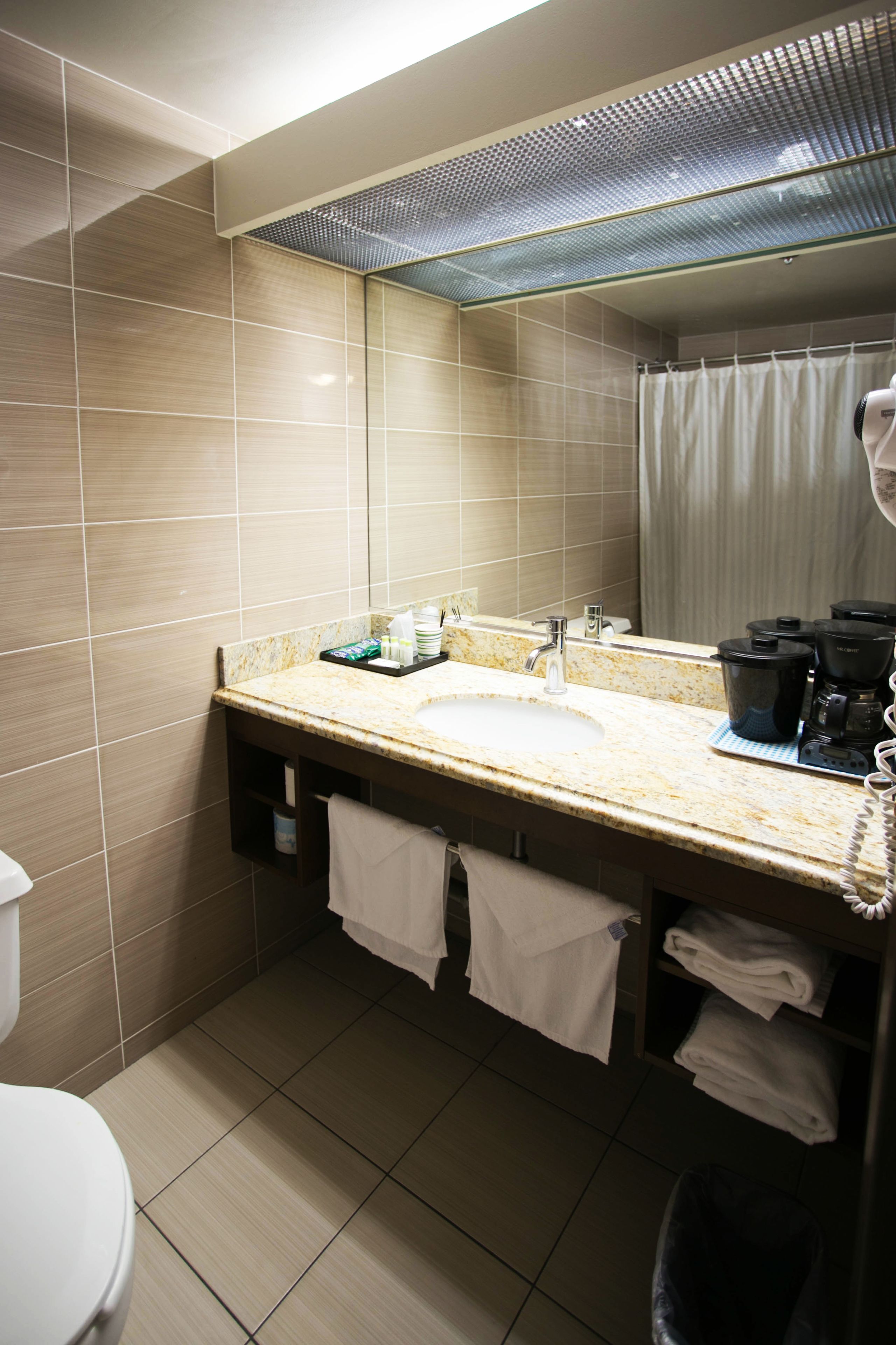 A bathroom with a sink, mirror, and shower curtain.