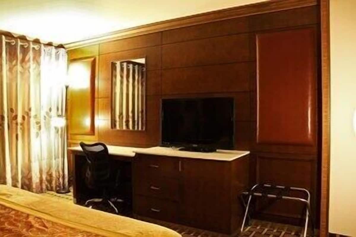 A hotel room with a bed, a desk with a chair, a television, and a wardrobe.