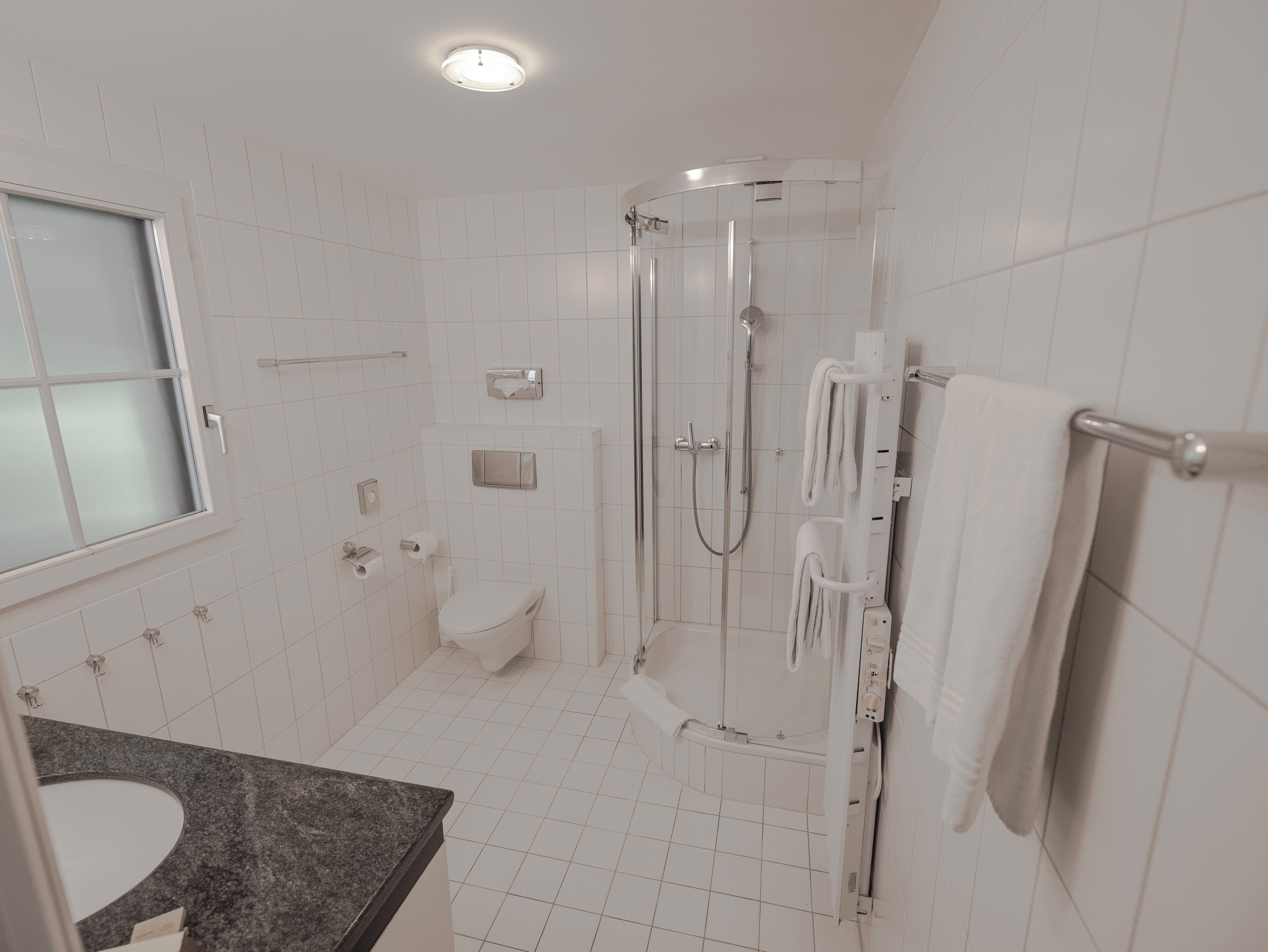 A modern bathroom with a shower, toilet, and sink.