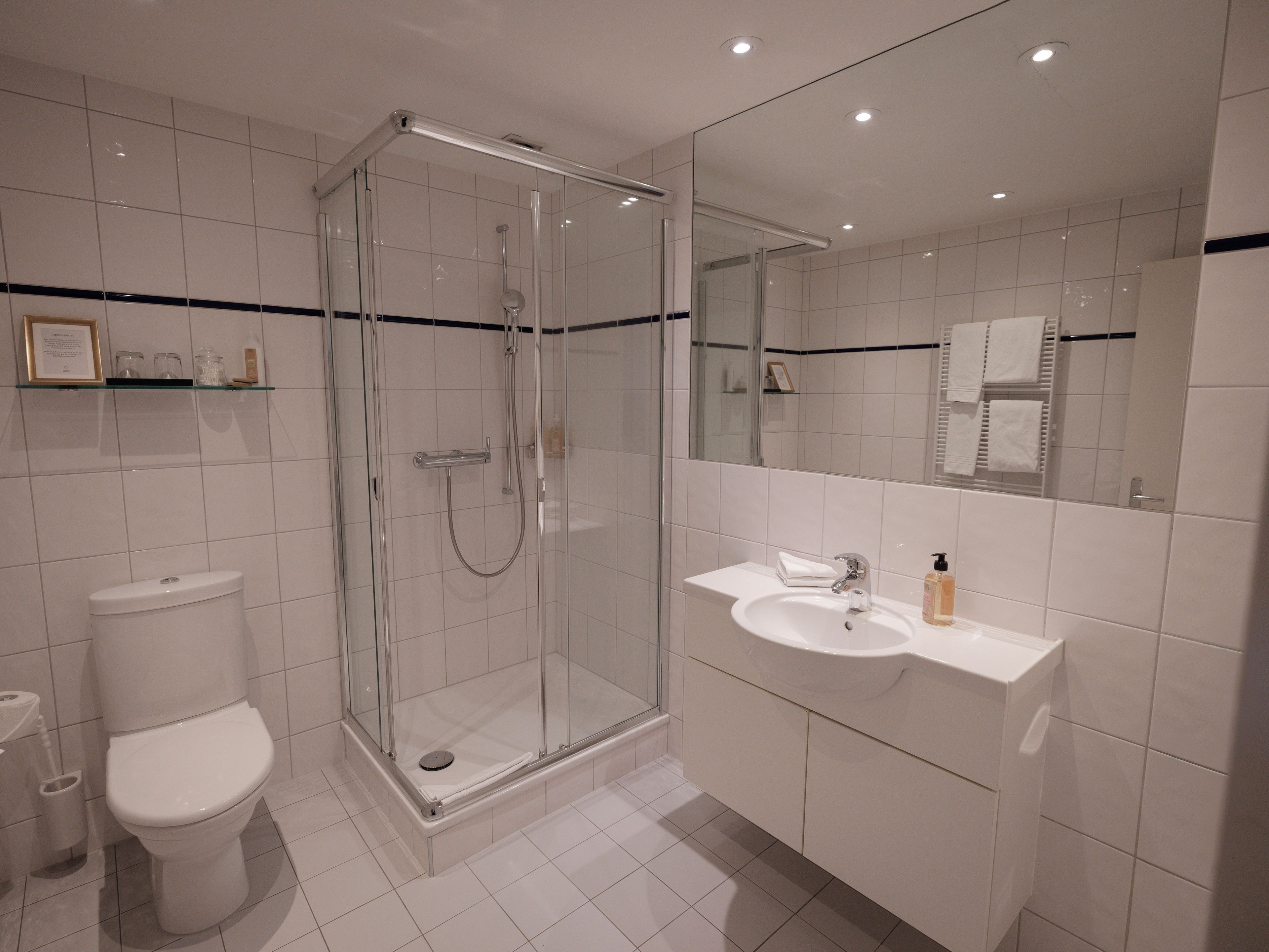 Ein modernes Badezimmer mit einer Duschkabine, einer weißen Toilette und einem Waschtisch inklusive Spiegel.