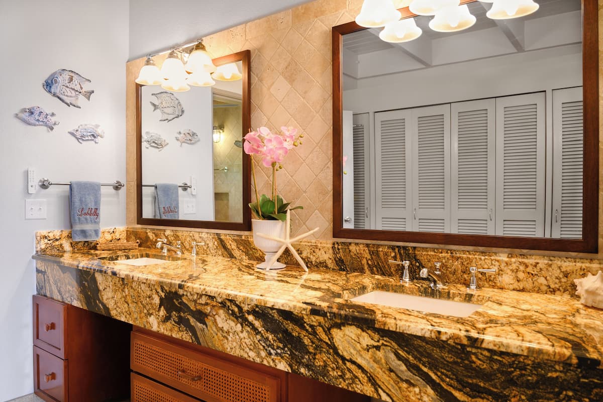 A bathroom with a marble countertop, two sinks, a large mirror, and decorative fish on the wall.