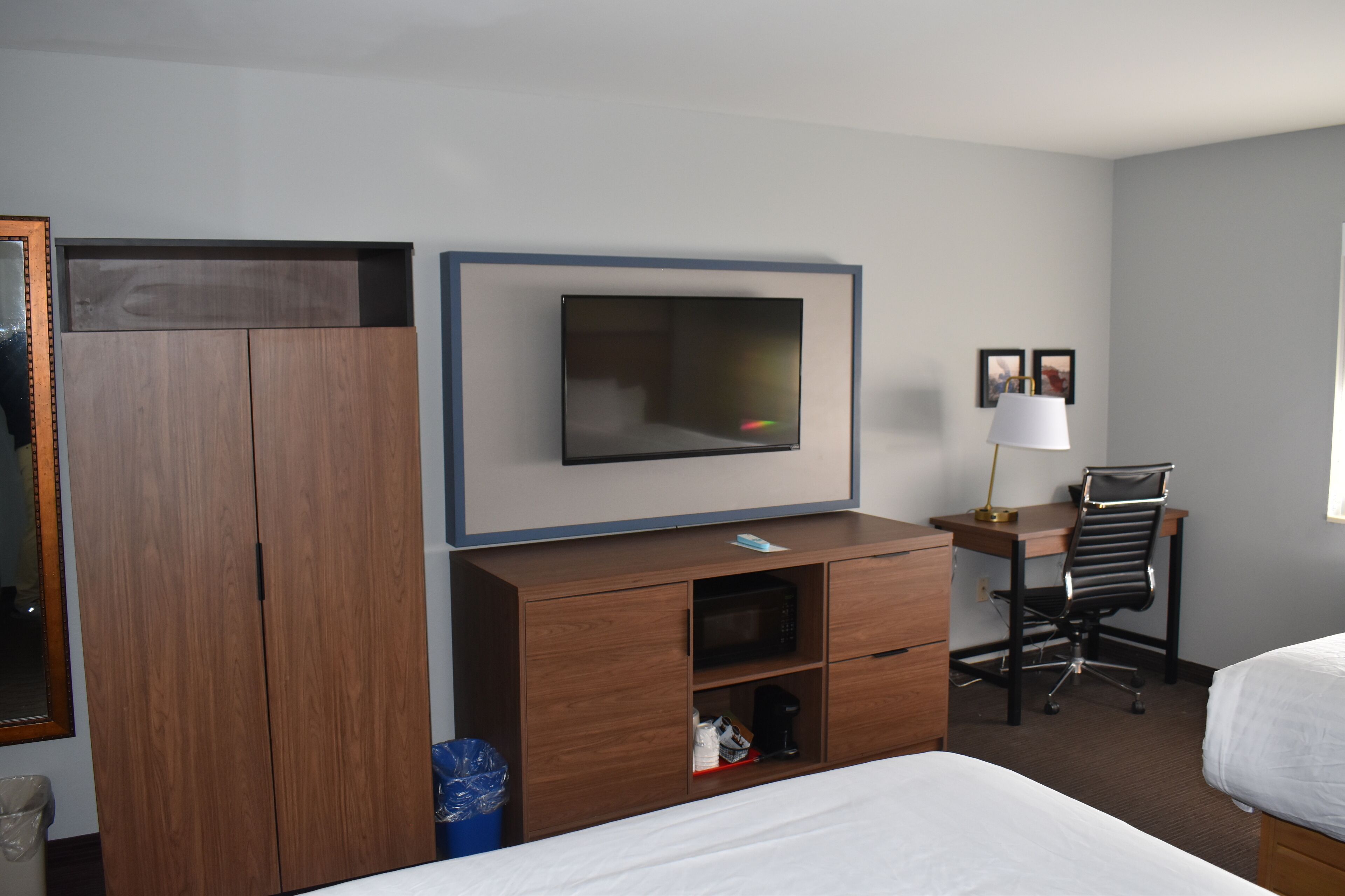 desk, blackout curtains, soundproofing, iron/ironing board