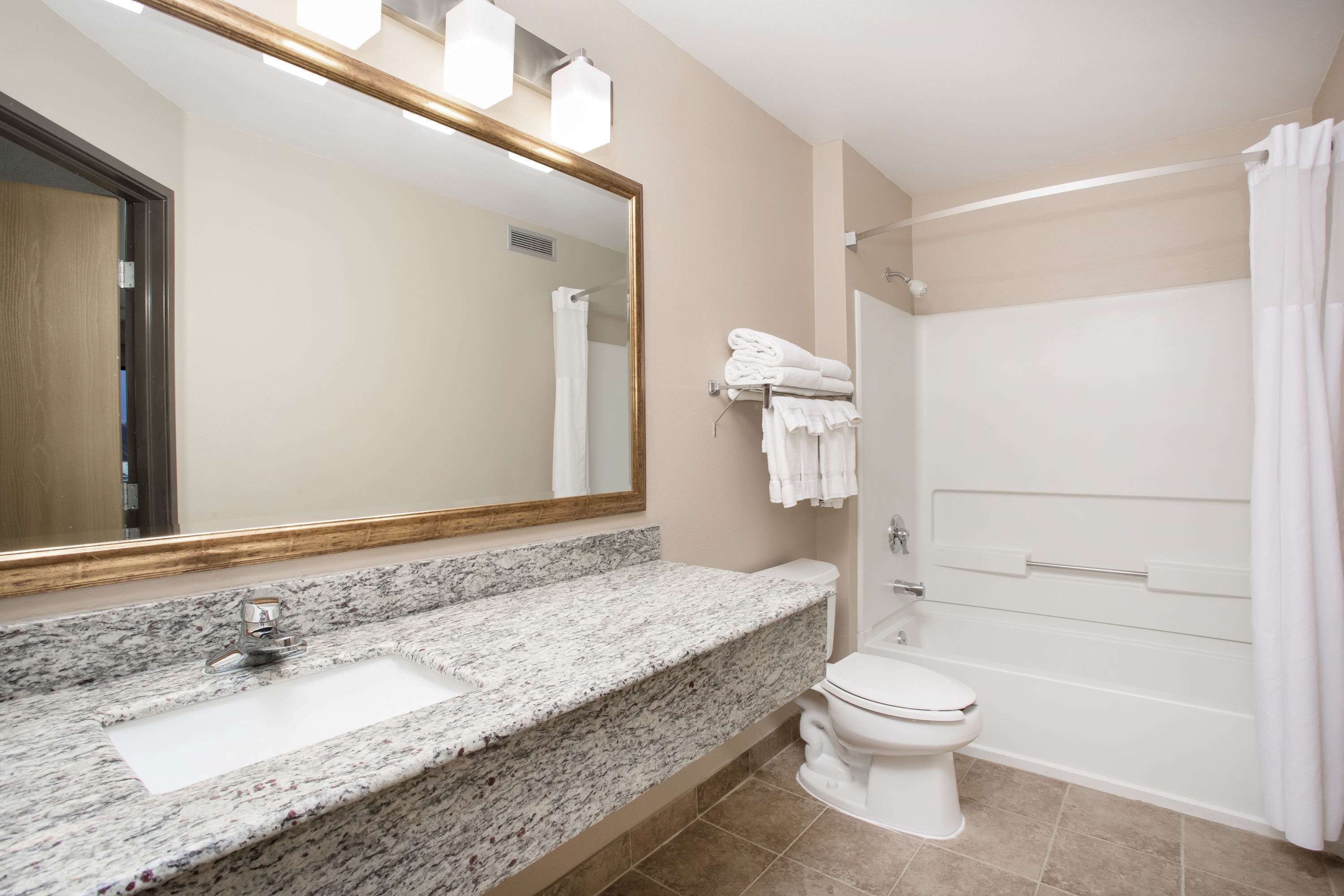 combined shower/bathtub, free toiletries, hair dryer, towels