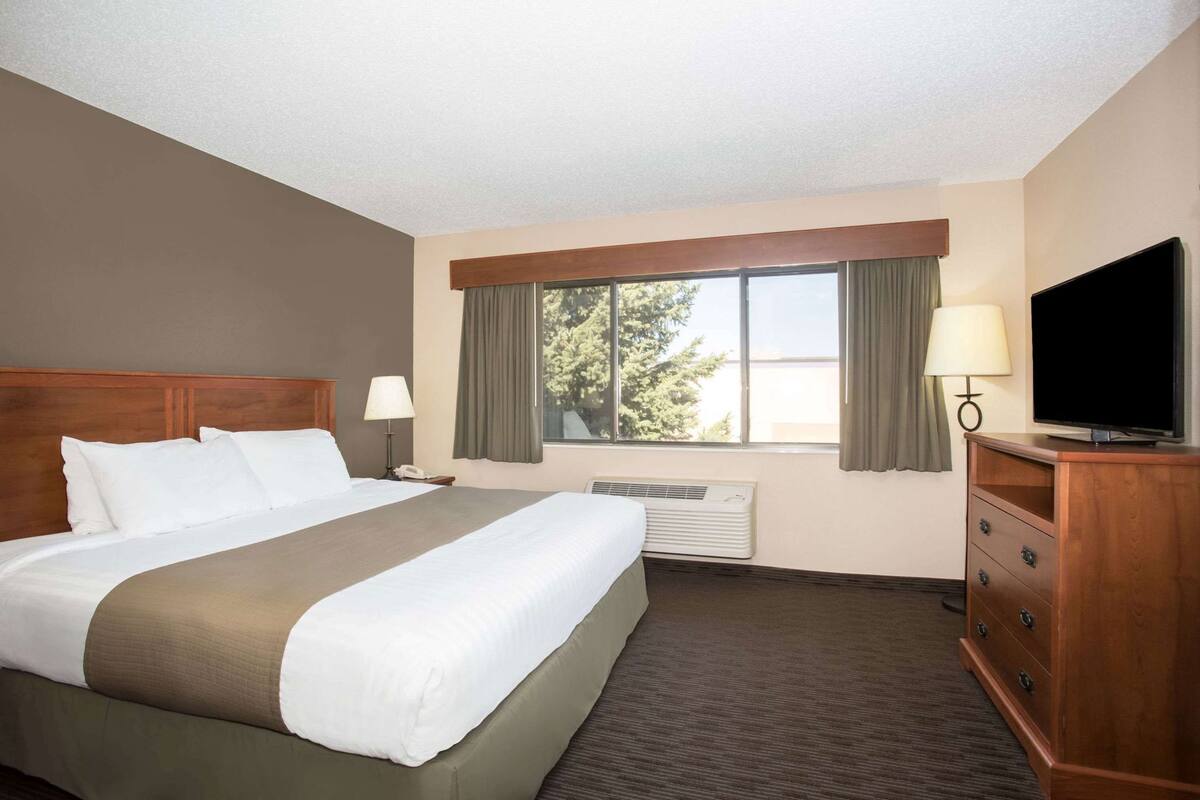 A hotel room with a large bed, a TV, a desk with a lamp, and a window with curtains.