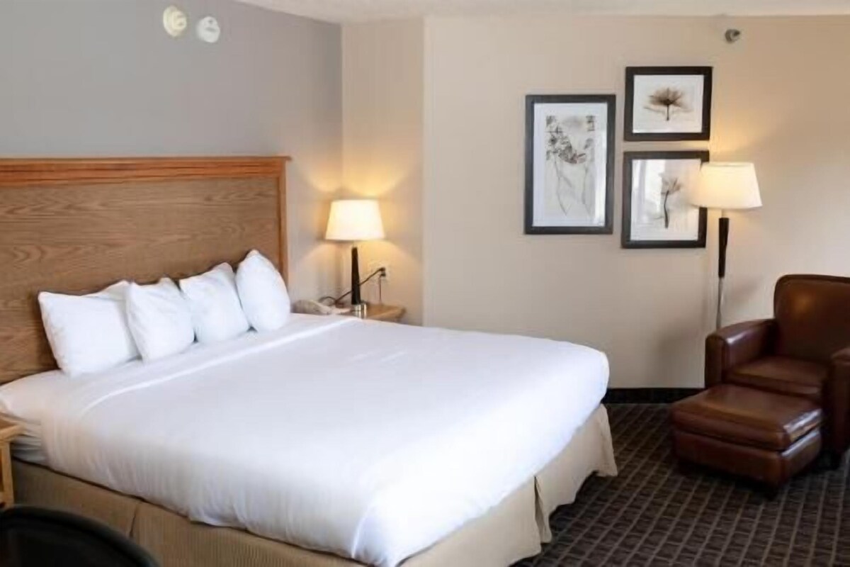 A hotel room with a large bed, two bedside lamps, a brown leather chair, and three framed pictures on the wall.