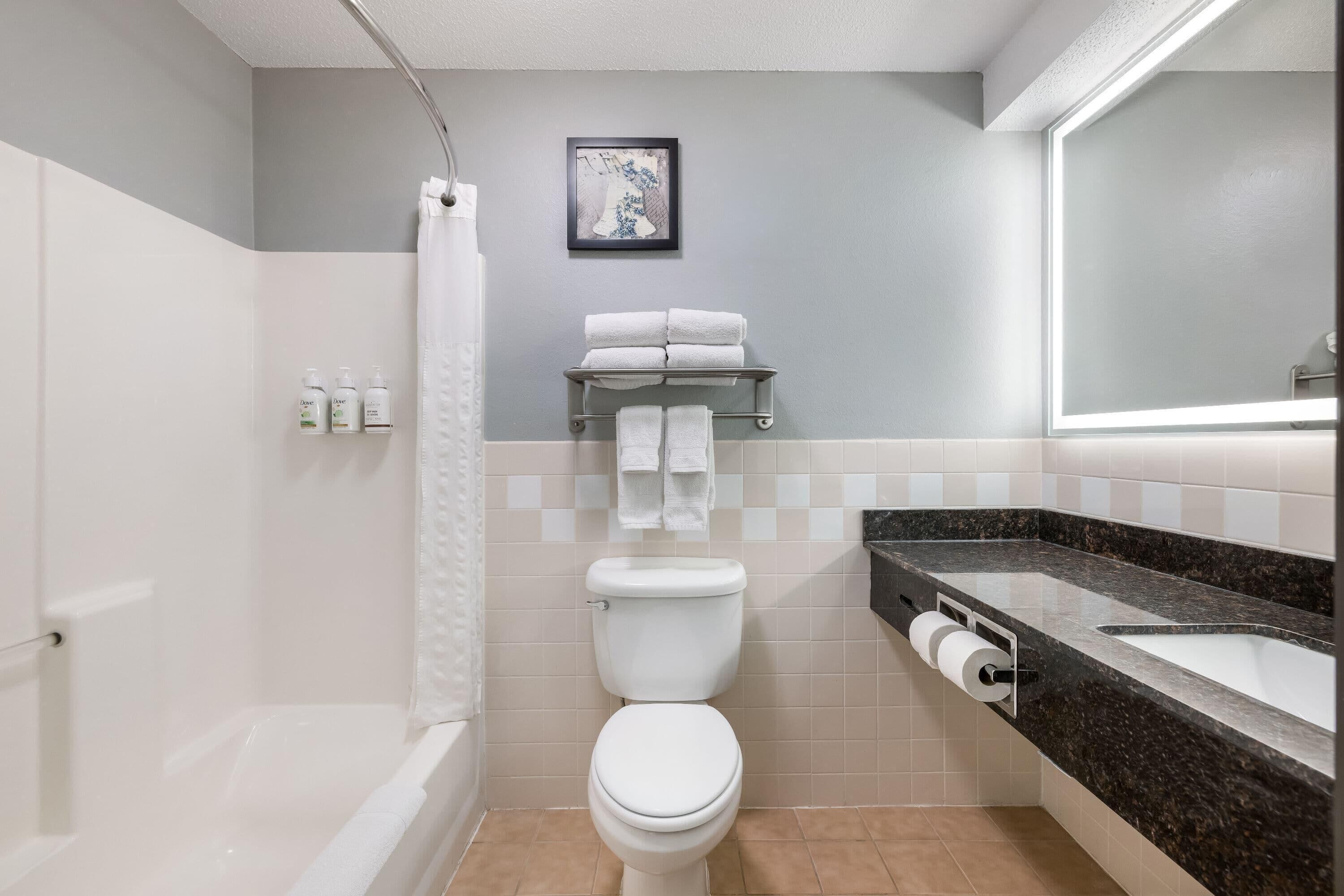 A bathroom with a white toilet, a shower, a sink with a dark countertop, and a towel rack with towels.