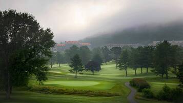 A golf course with a winding path, trees, and a building with red roofs in the background.