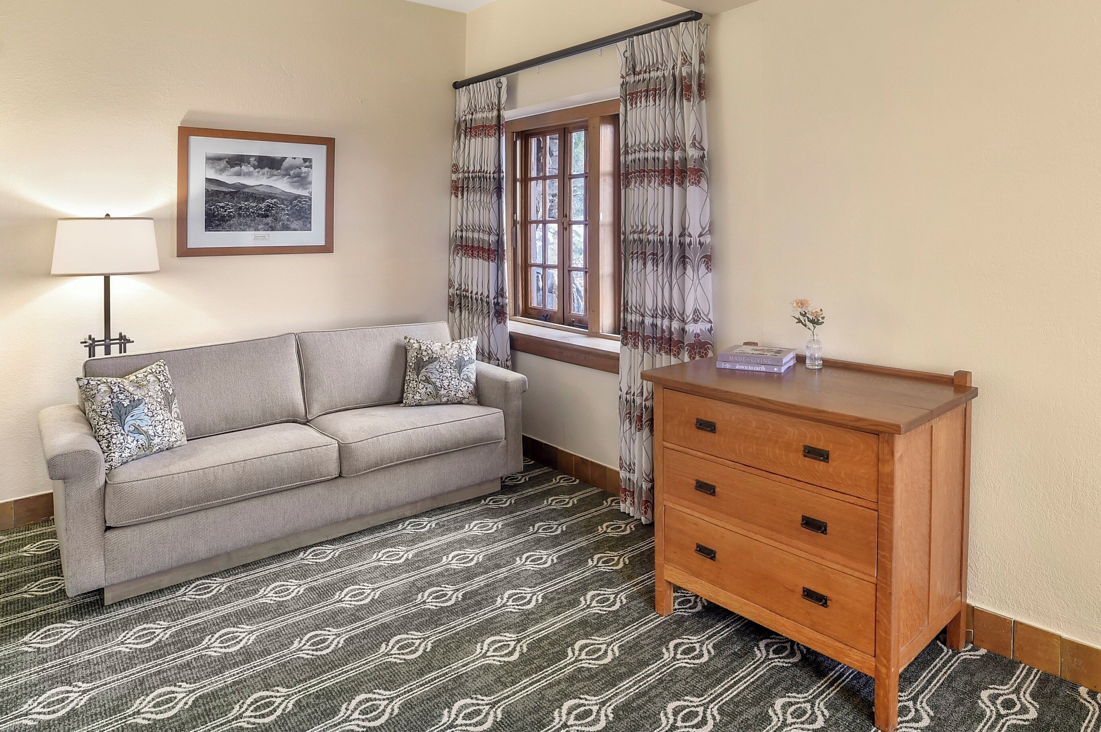 A room with a grey sofa, a wooden dresser, a patterned rug, a framed picture on the wall, and a window with curtains.