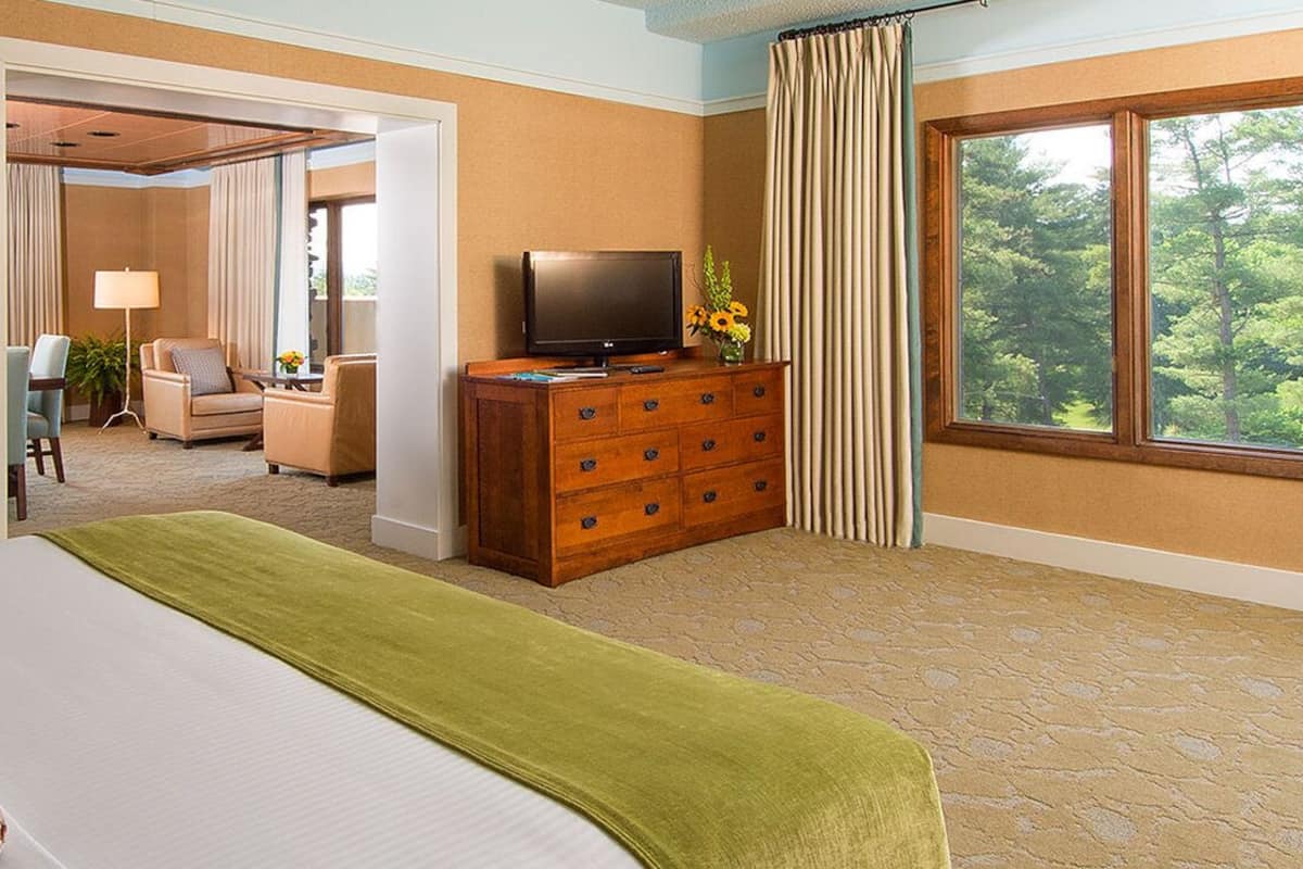 A hotel room with a bed, a dresser, a television, a window with a forest view, and a sitting area with a lamp and chair.