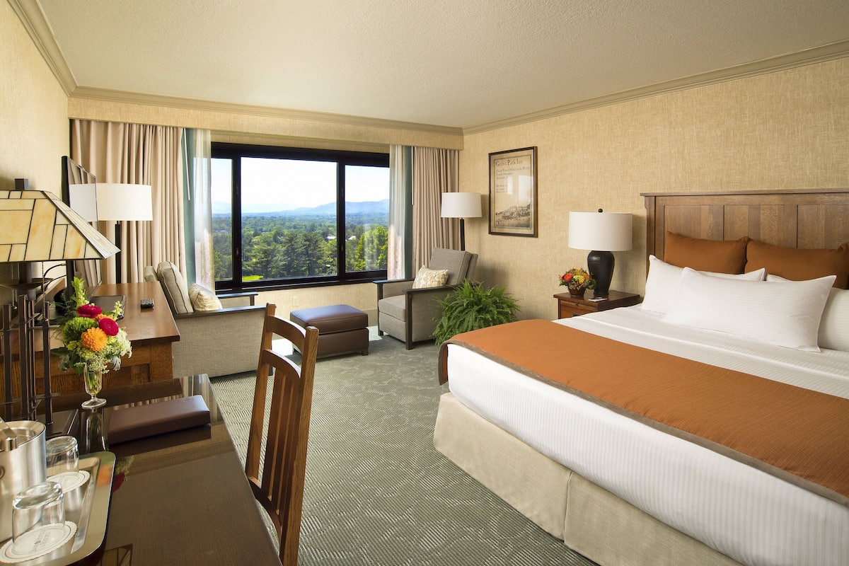 A hotel room with a large bed, a desk with a lamp, a chair, a view of the mountains, and a framed picture on the wall.