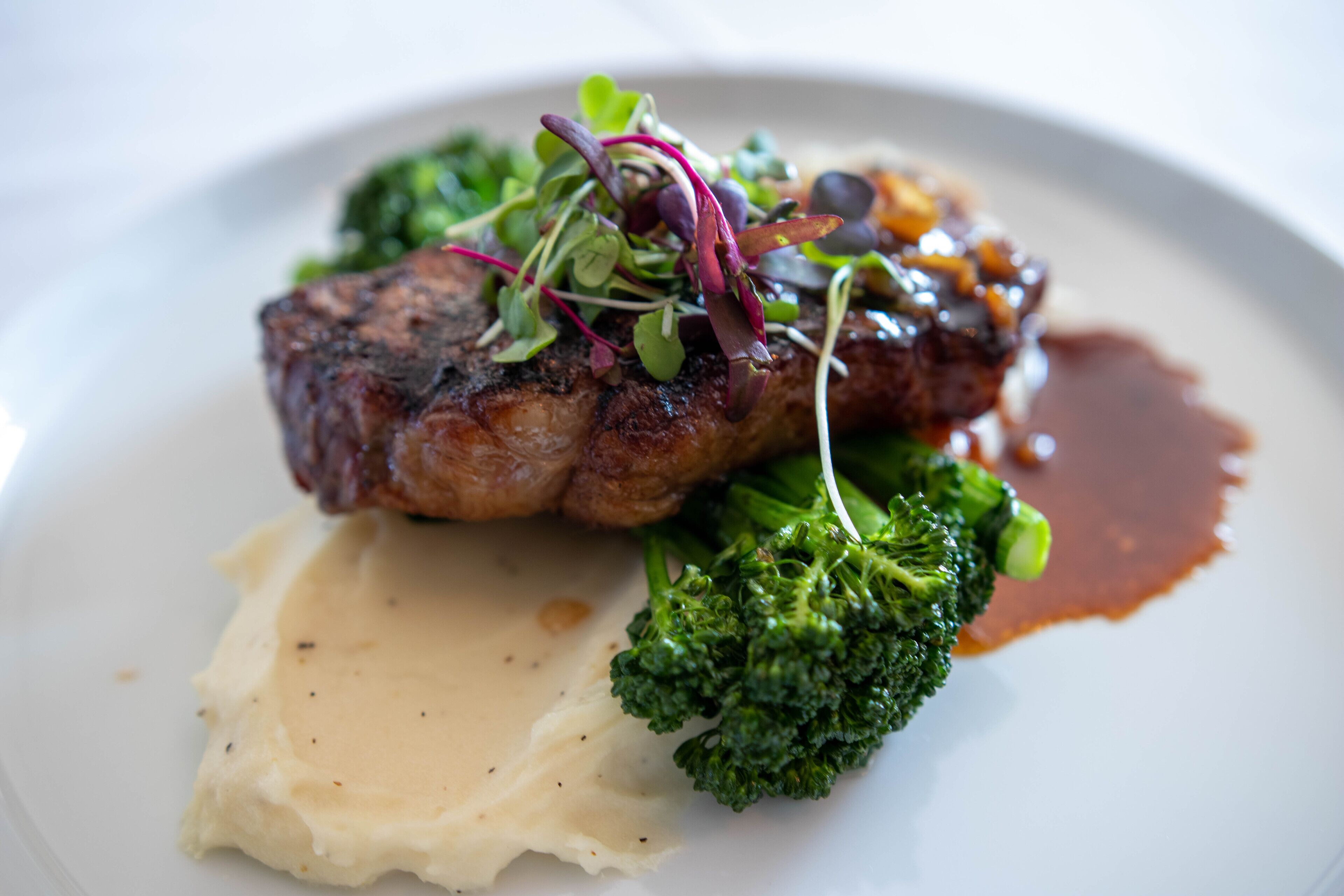 Ein Teller mit Fleisch, Brokkoli und Kartoffelpüree.