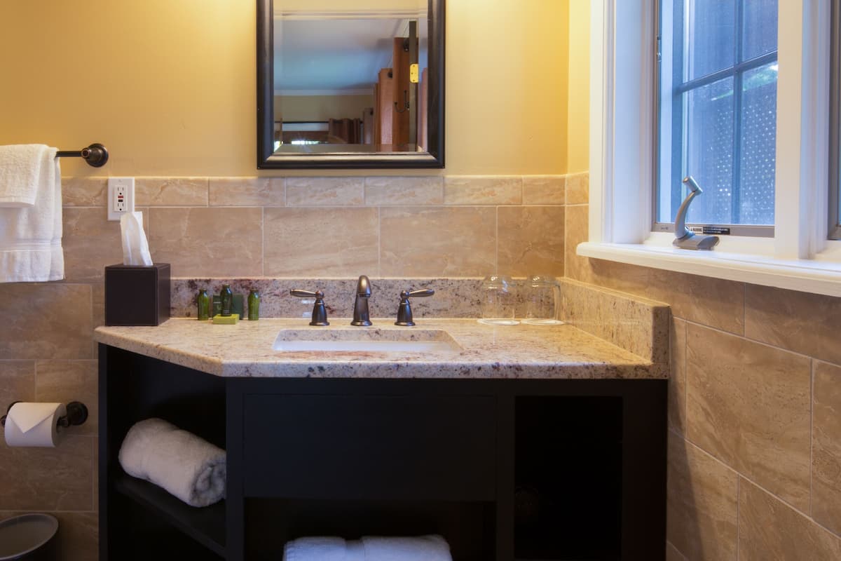 combined shower/bathtub, free toiletries, hair dryer, bathrobes