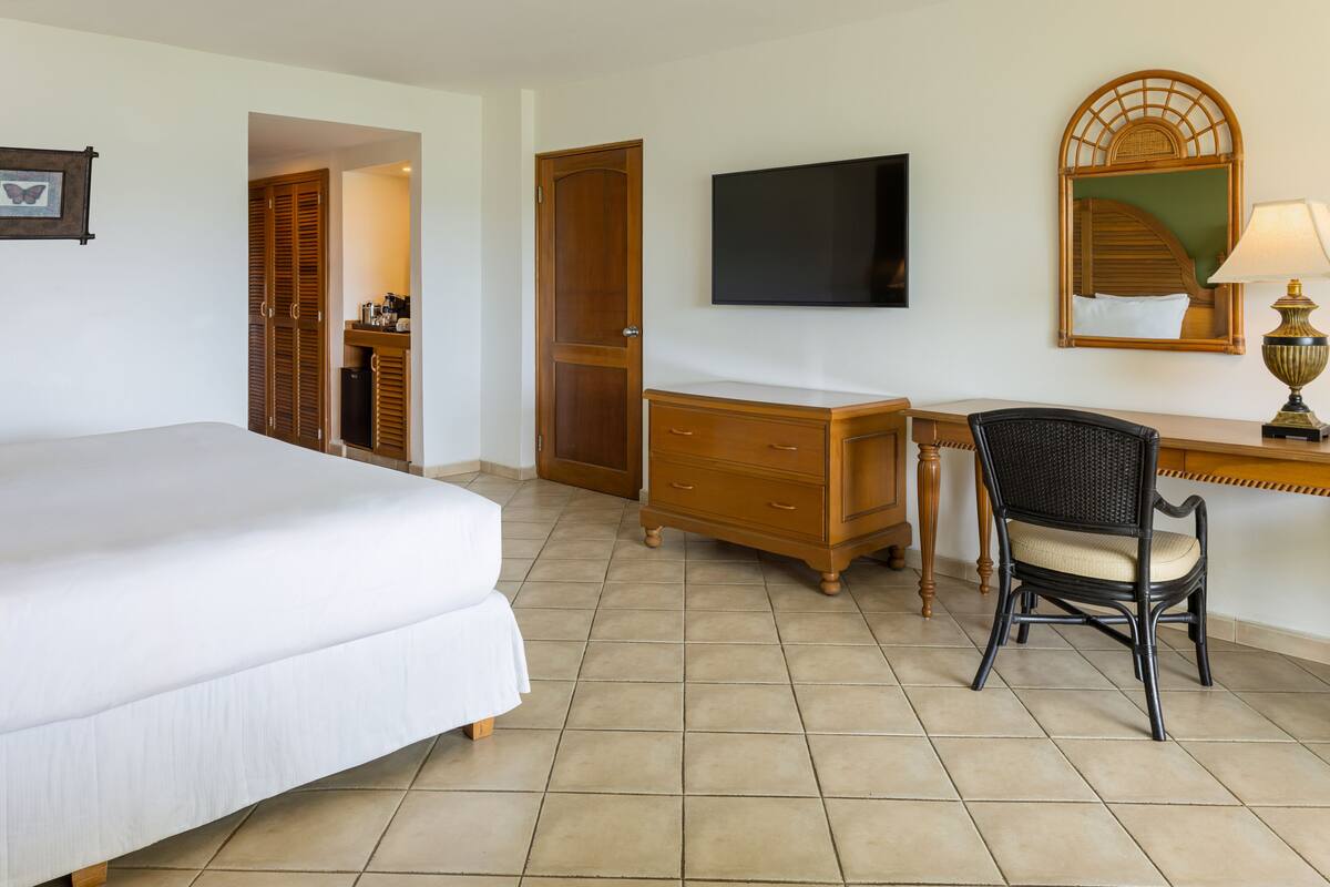 A hotel room with a bed, a desk, a chair, a television, a wardrobe, and a mirror.