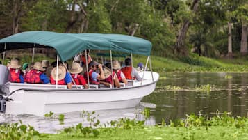 A boat with a green canopy, passengers wearing life jackets and hats, and a calm river with greenery in the background.