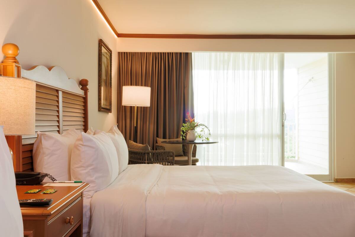 A hotel room with a large bed, a bedside table with a lamp, a chair, a small table with a plant, and a window with curtains.