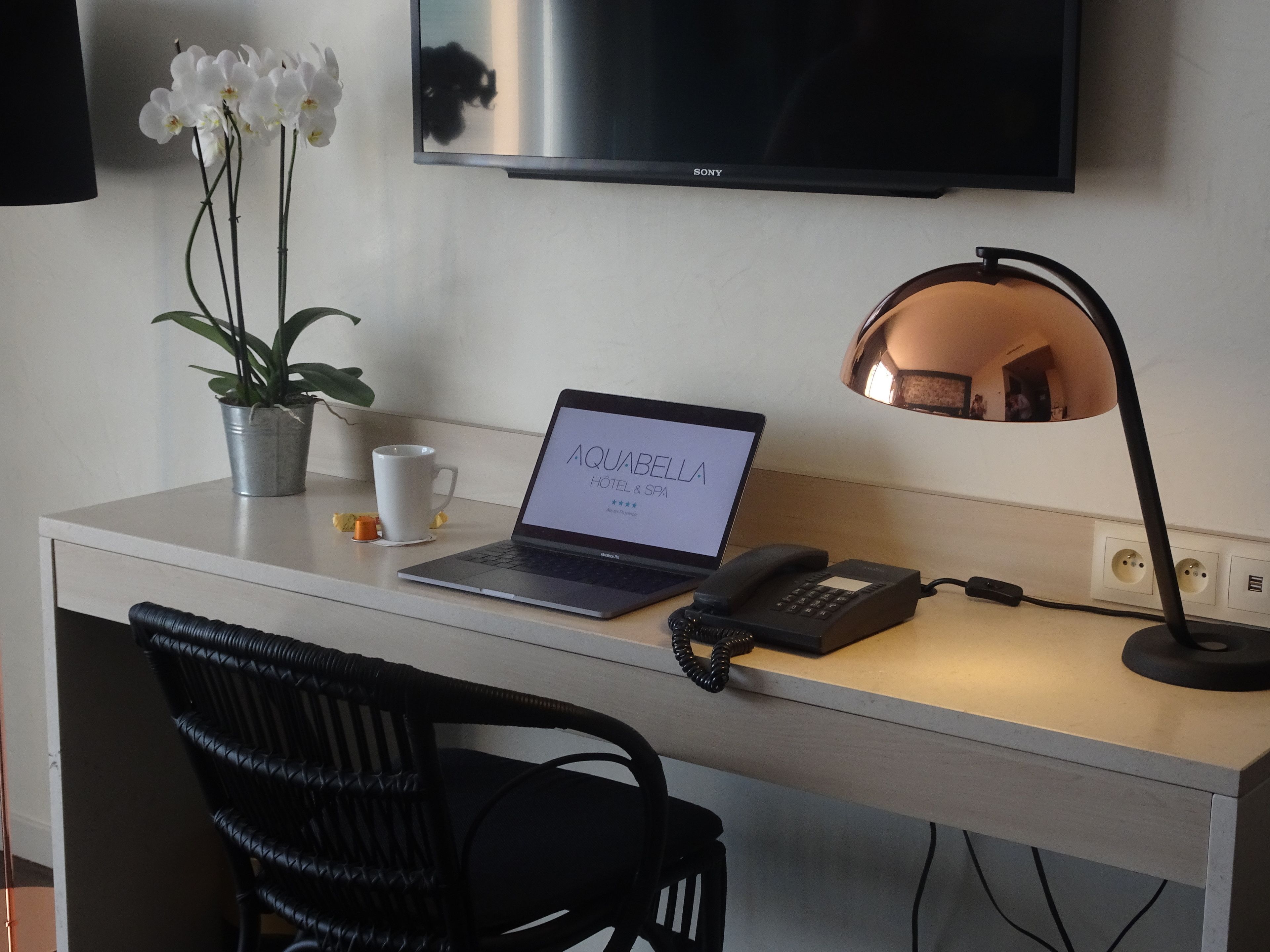 Habitación de hotel con escritorio, computadora portátil, teléfono, lámpara, planta y televisor.