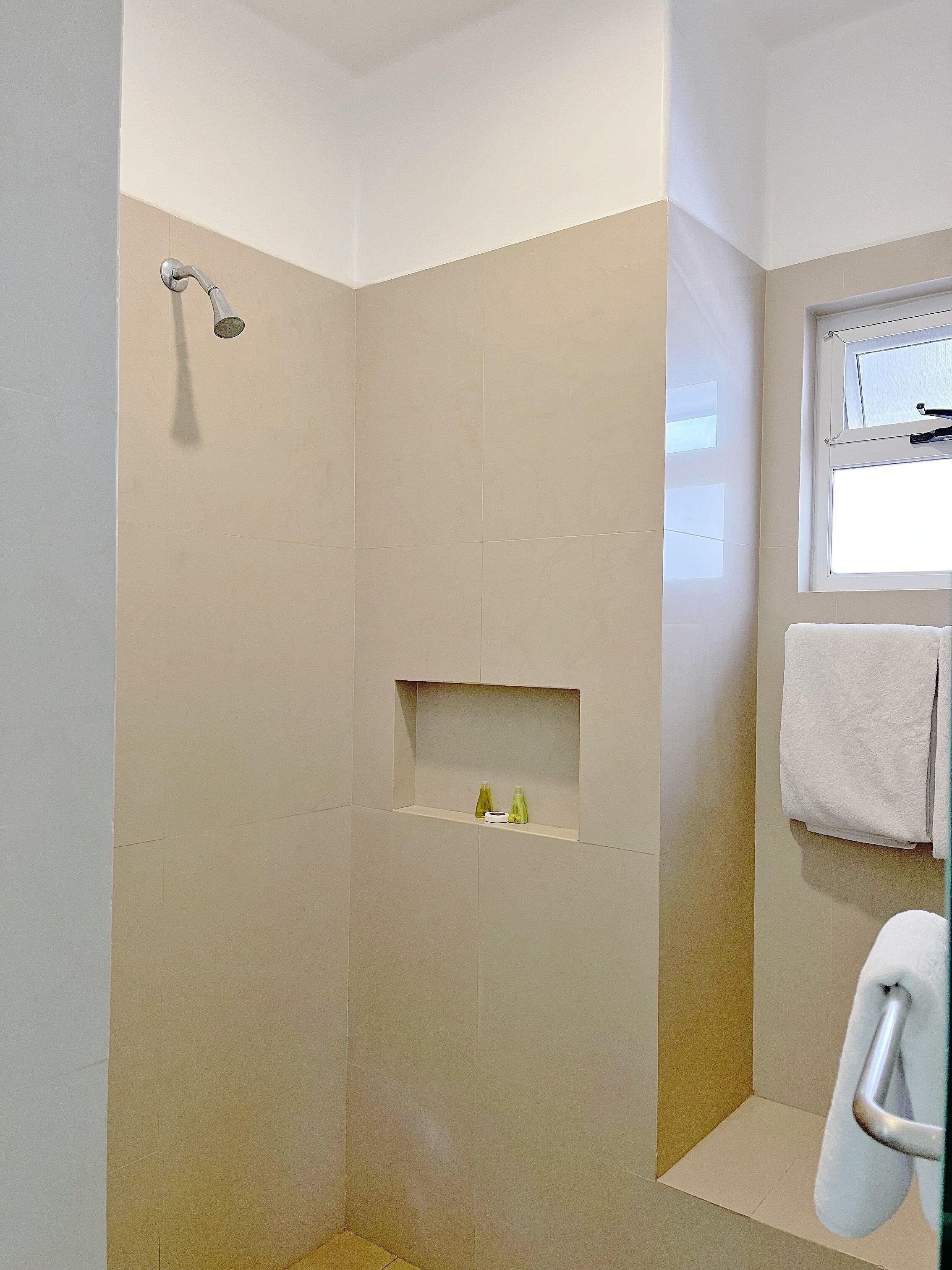 Une douche équipée d’un pommeau de douche à main, une étagère pour les articles de toilette et un porte-serviettes avec une serviette.