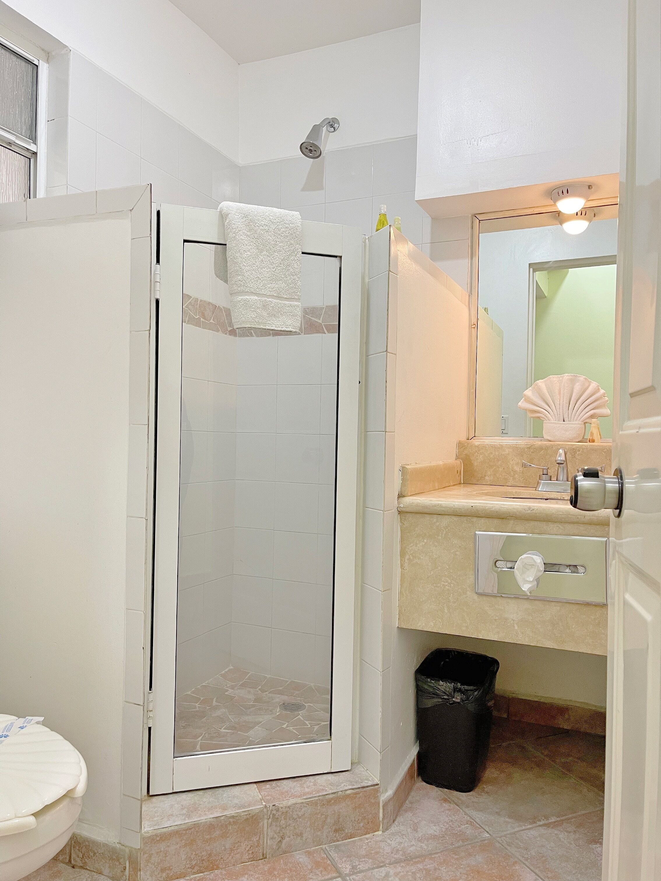 A bathroom with a glass-enclosed shower, a toilet, a sink with a mirror, and a trash bin.