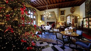 Una sala amplia con un gran árbol de Navidad, muebles elegantes y una chimenea.