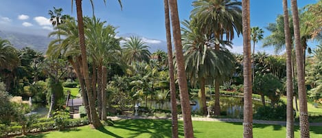 A lush garden with tall palm trees and a well-maintained lawn.