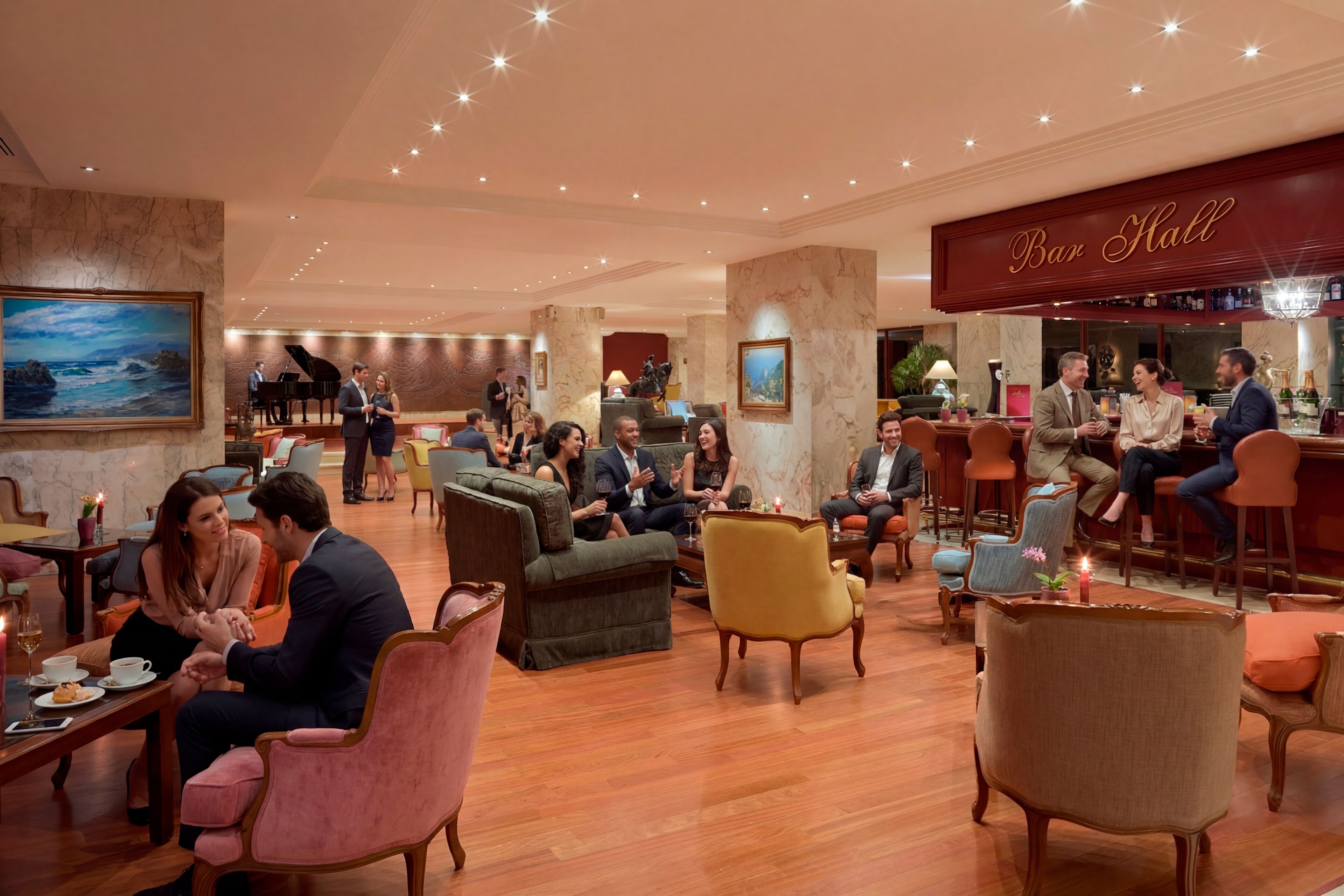 A hotel lobby with a Bar Hall, seating areas, a piano, and a large painting on the wall.