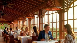 A restaurant with wooden beams, large windows, and tables set for dining.