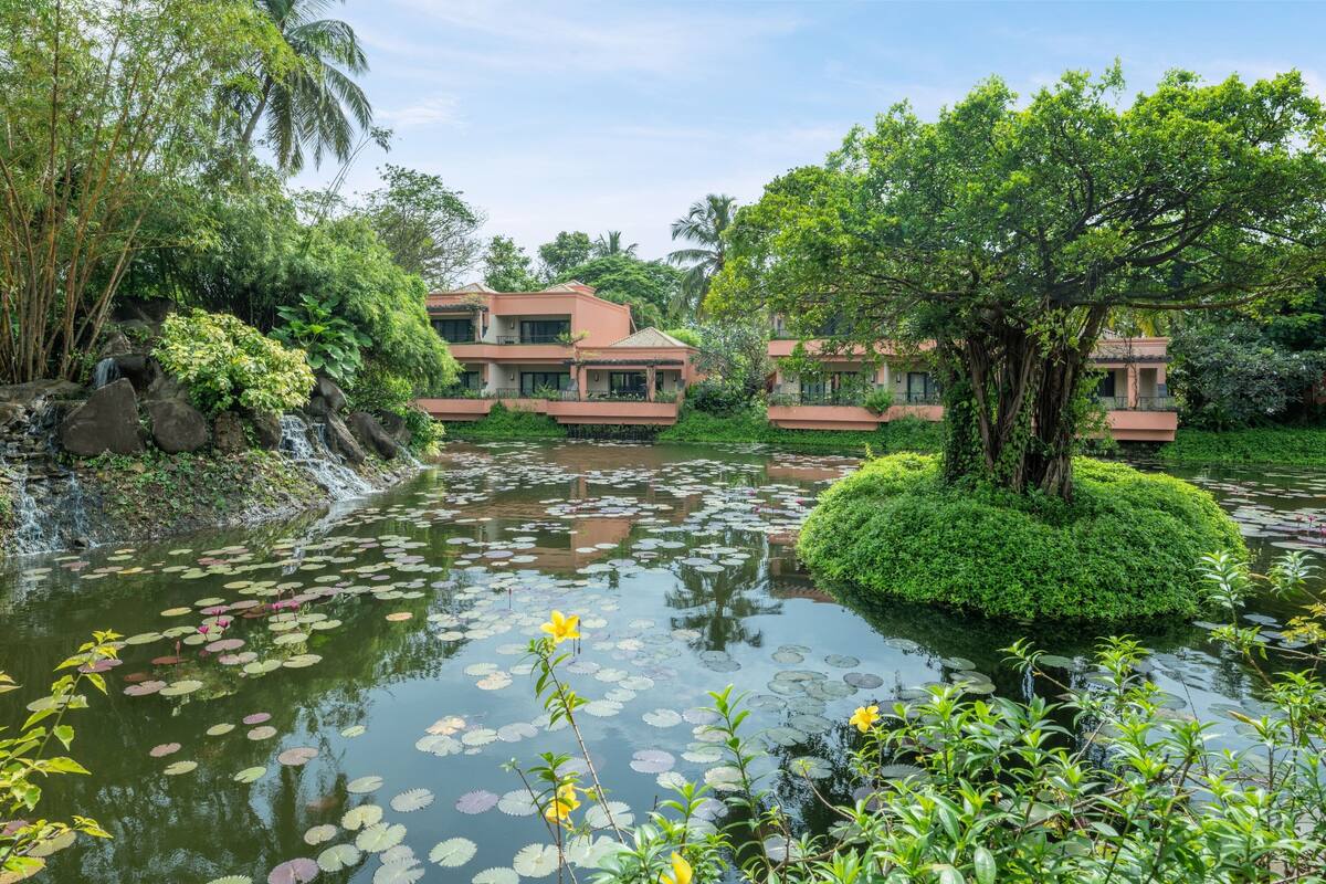 Un hôtel paisible, situé dans un cadre verdoyant, avec un étang, une végétation luxuriante et une cascade.