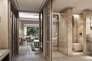 Separate tub and shower, deep soaking tub, rainfall showerhead