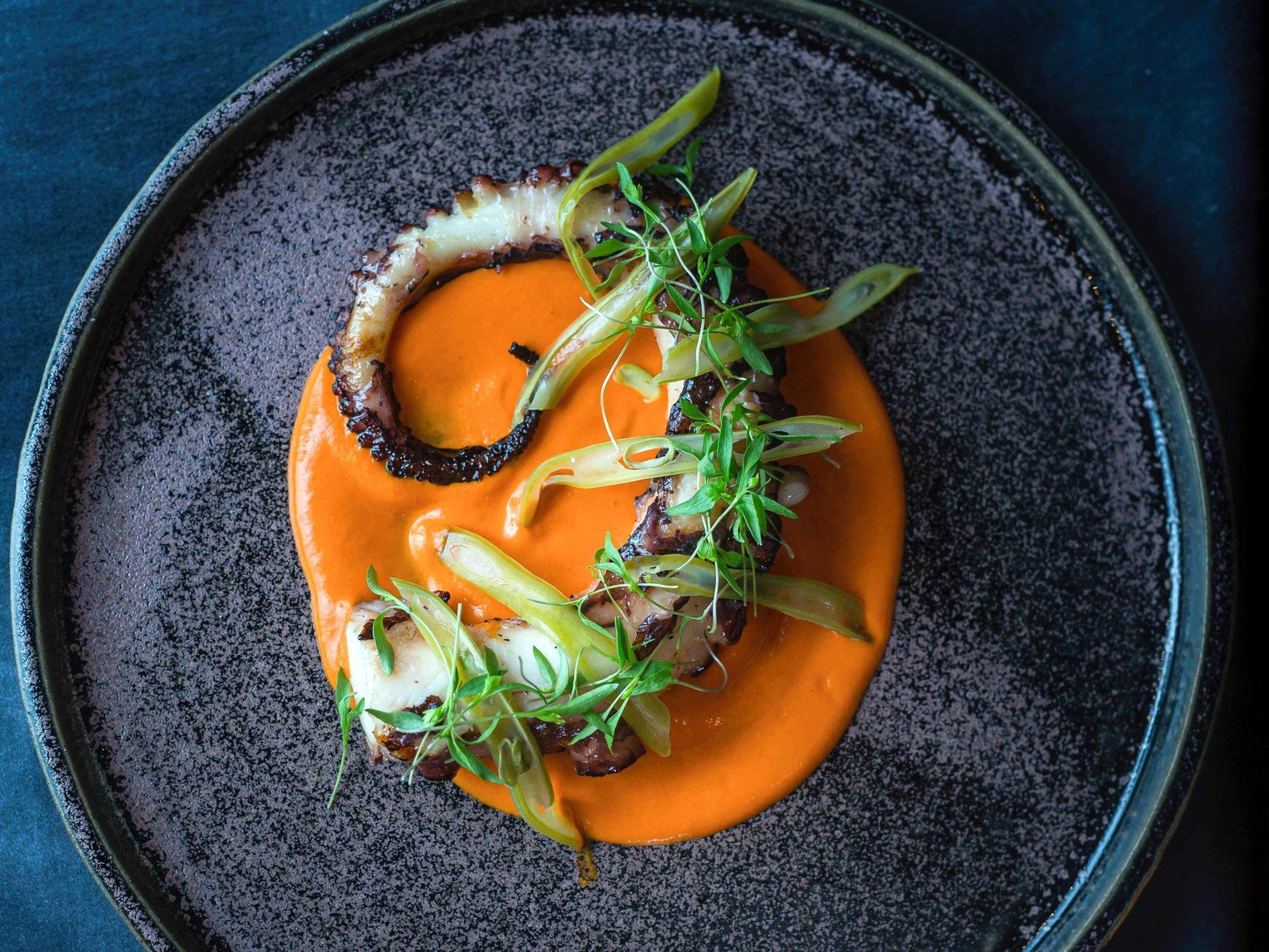 A plate of food with a sauce, greens, and a ring of what appears to be a mushroom or similar ingredient.