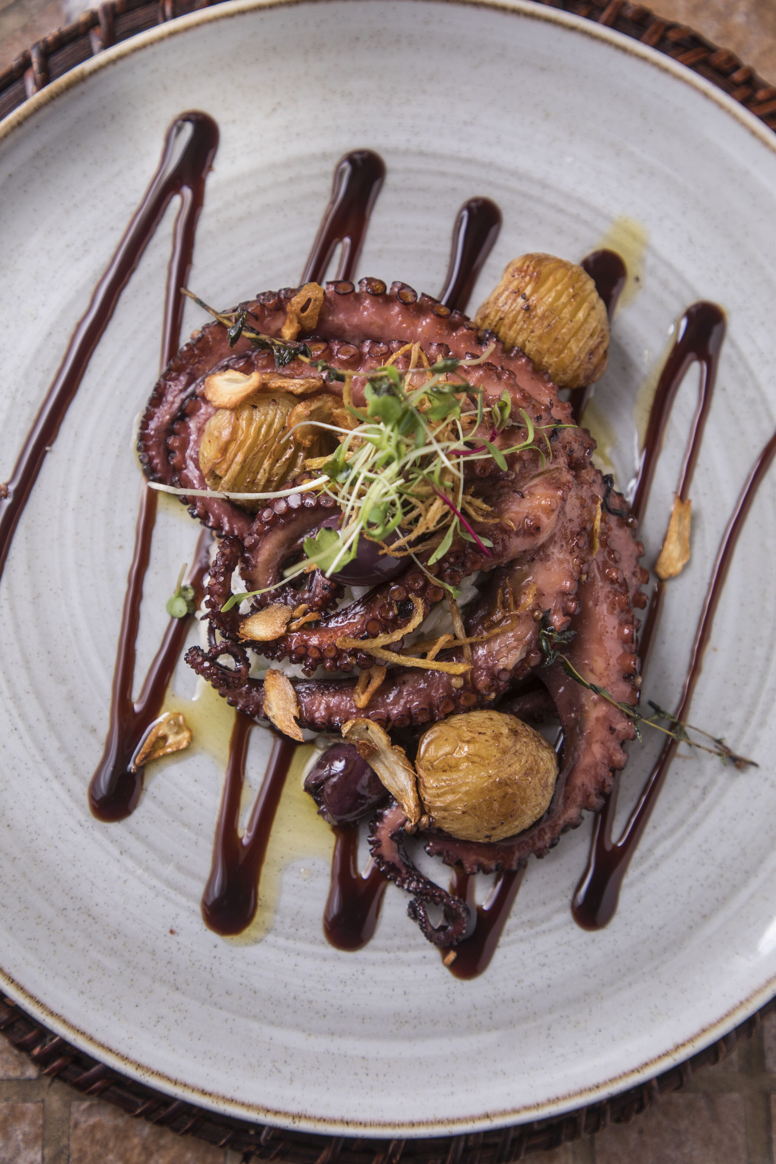 A plate of octopus with a drizzle of sauce and garnishes.