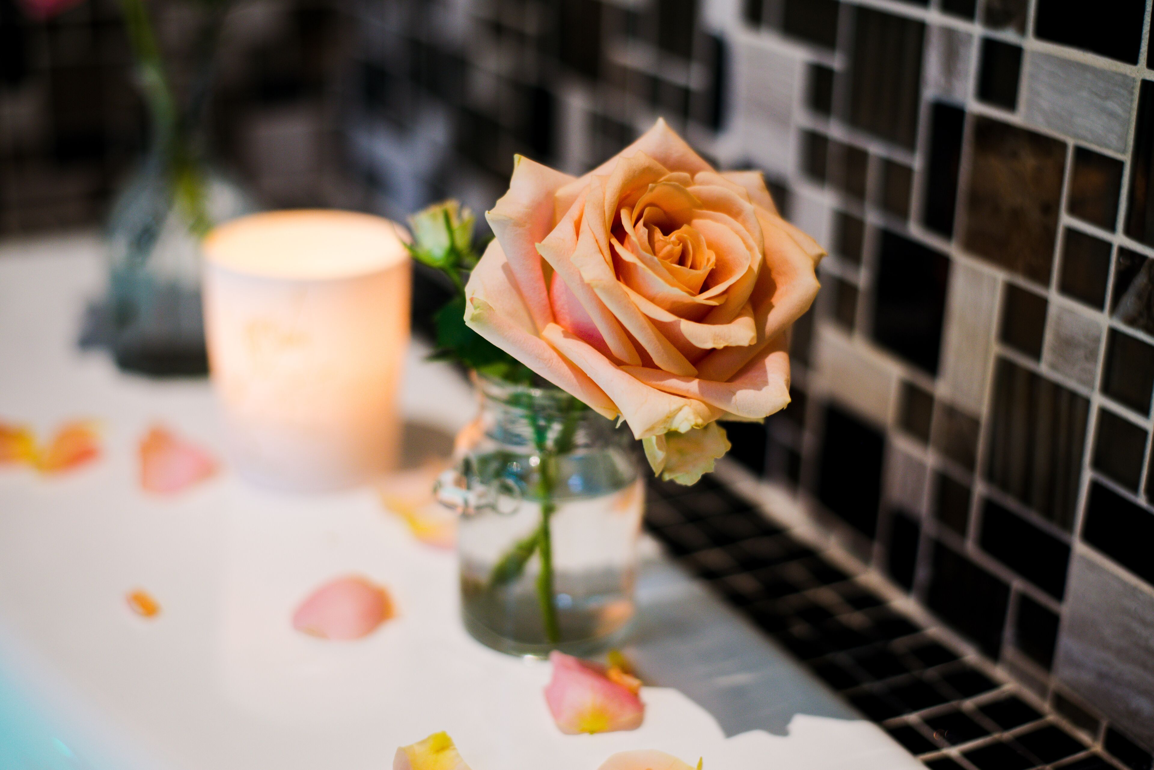 Una rosa en un florero de vidrio sobre una mesa con pétalos de rosa esparcidos alrededor.