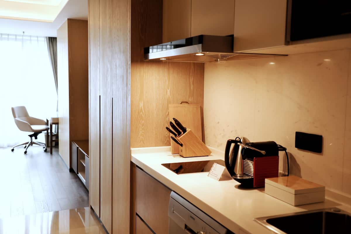 basic studio, 2 single beds, non smoking, city view | private kitchen | fridge, microwave, stovetop, dishwasher