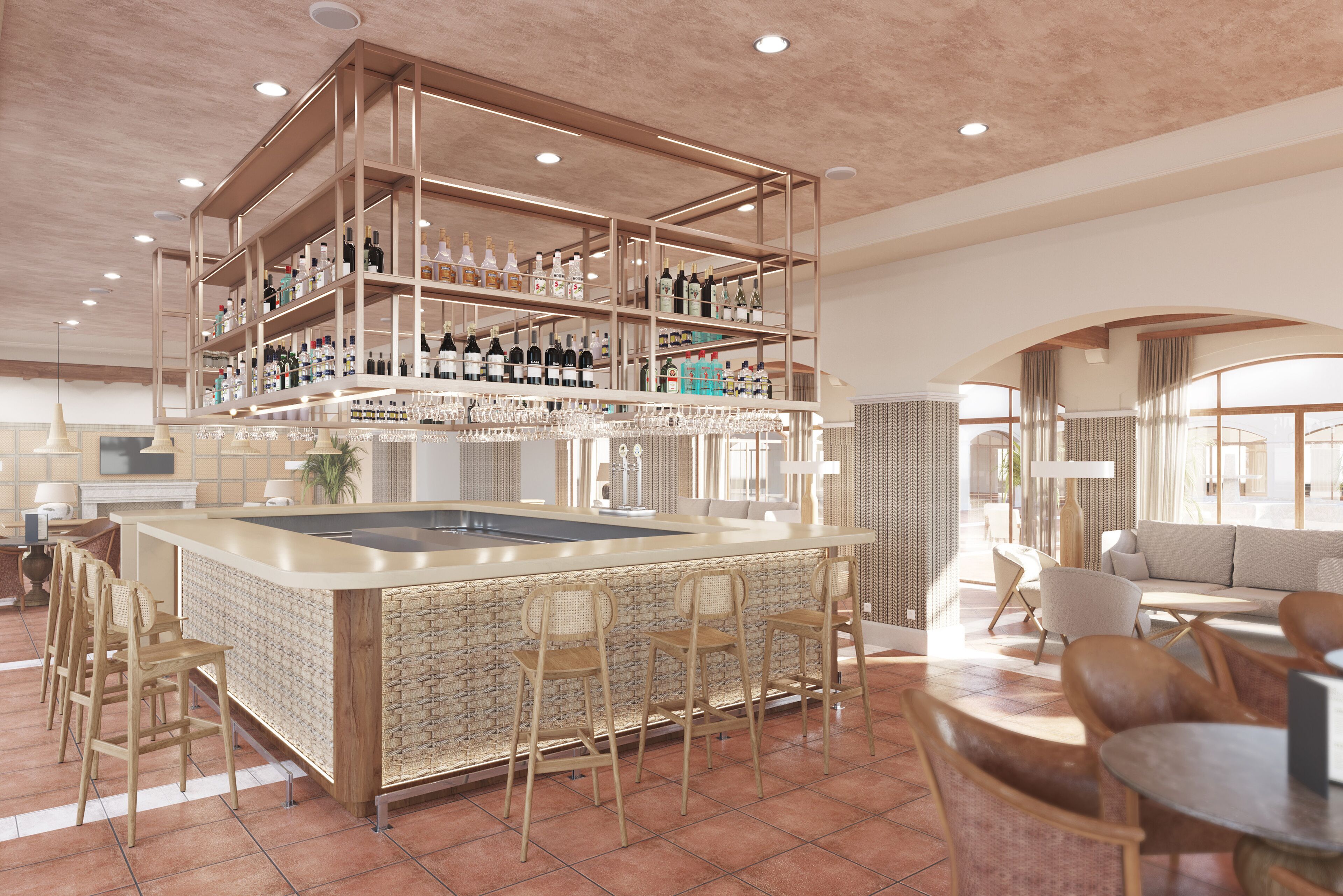 A bar area with a high shelf for bottles, a central bar counter, and seating around the bar.
